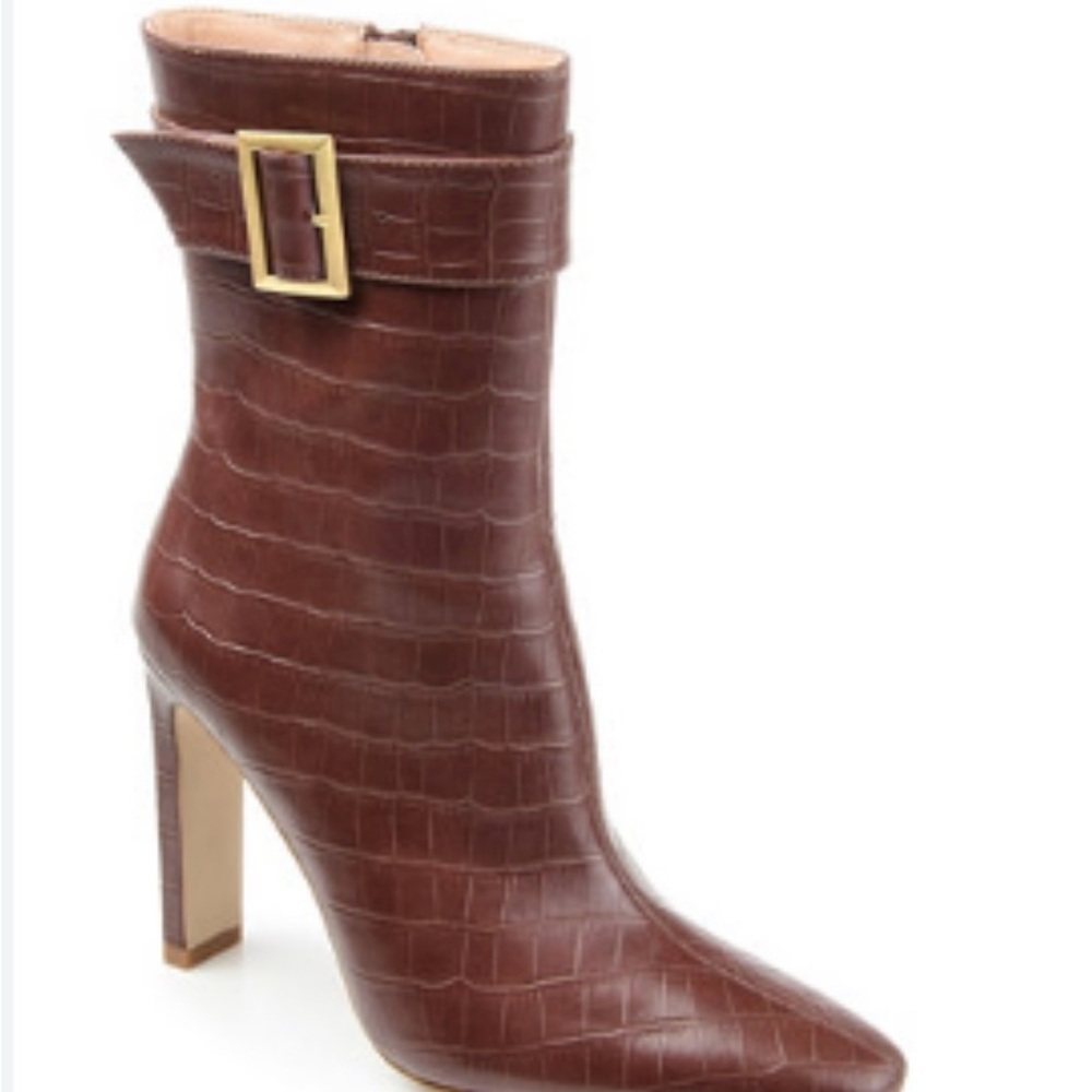 Brown Croc-Embossed Ankle Boots